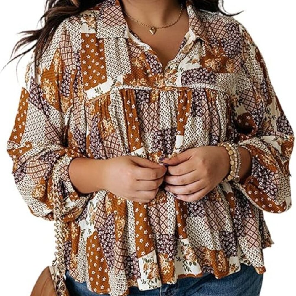 Lightweight Floral Blouse Balloon Sleeve Patchwork Multicolor Women 3X - Picture 2 of 12